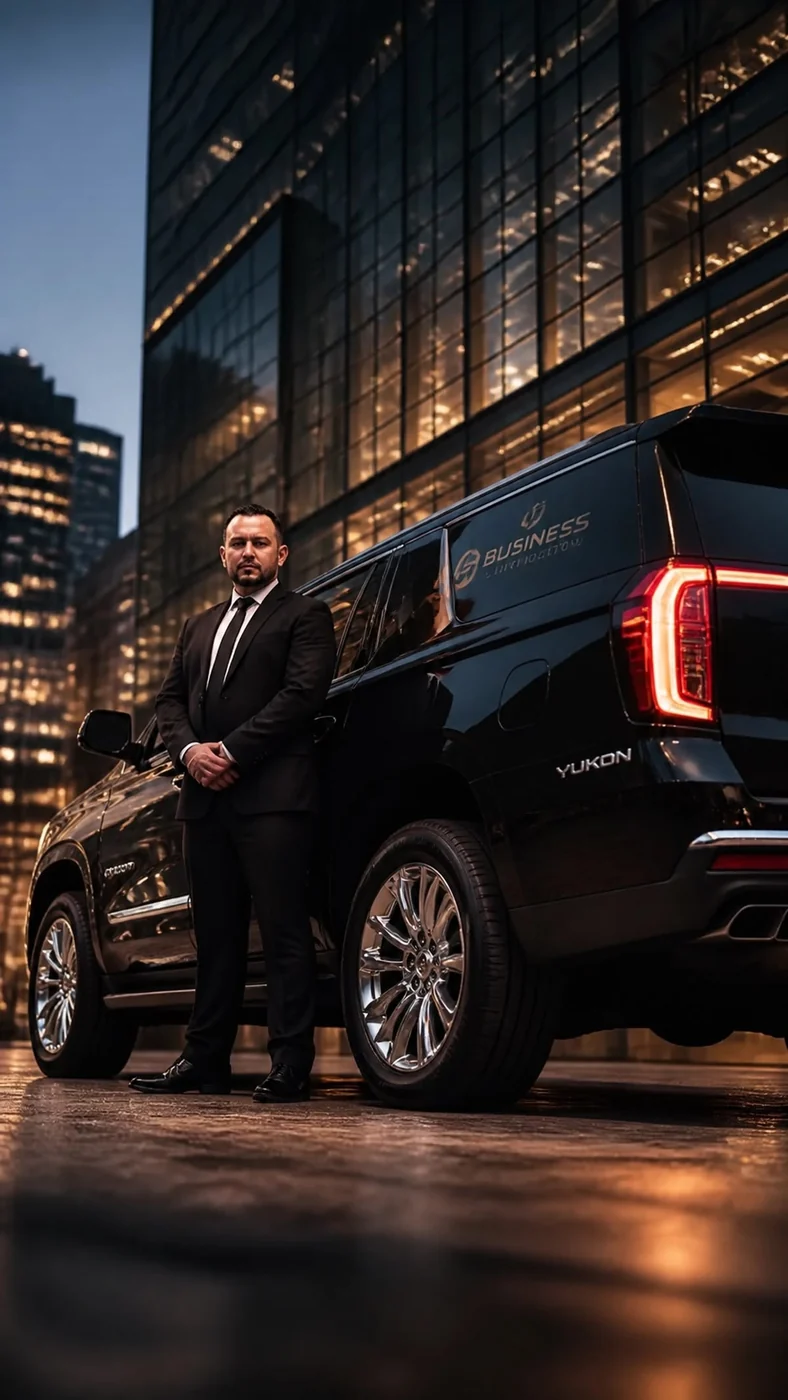 Chauffeur holding the rear door of a black luxury sedan
