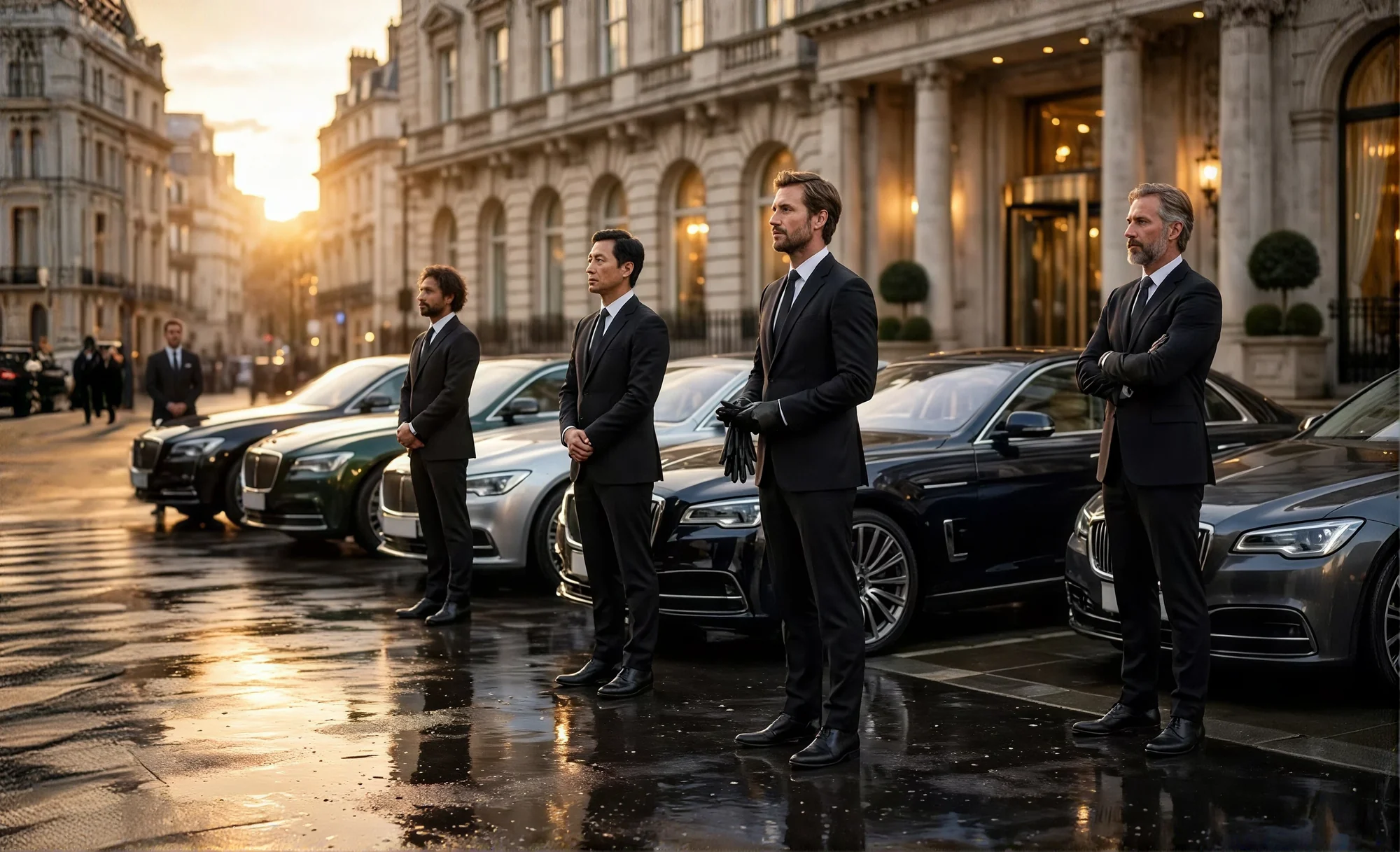 Four chauffeurs standing beside a row of black luxury cars outside a hotel at sunset
