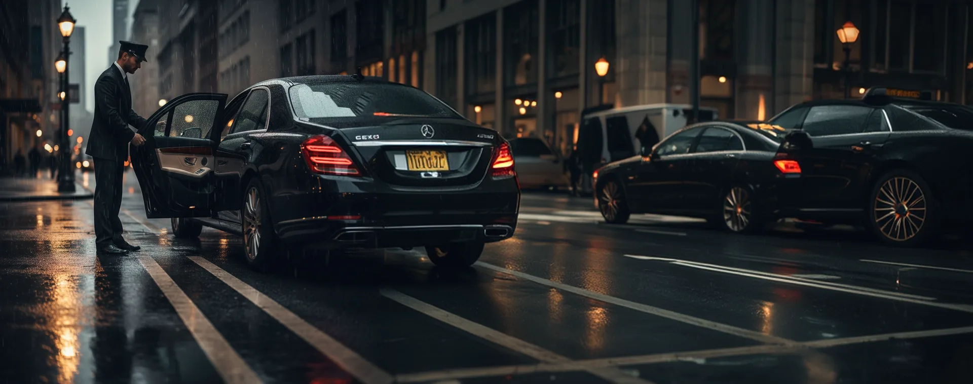 Chauffeur opening the rear door of a black sedan on a wet city street at night