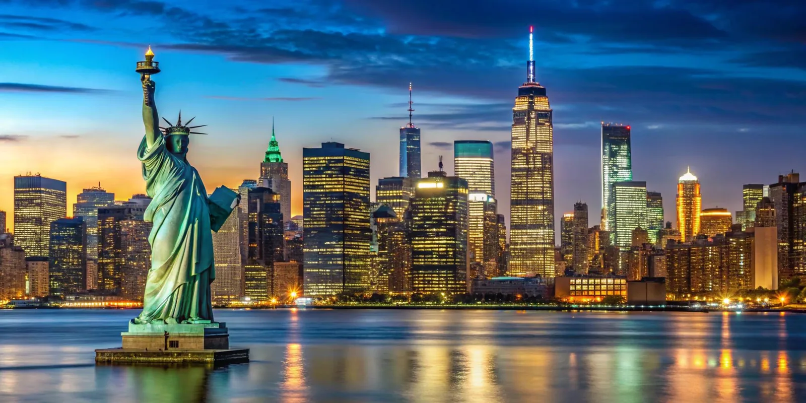 The Statue of Liberty with the Manhattan skyline at sunset