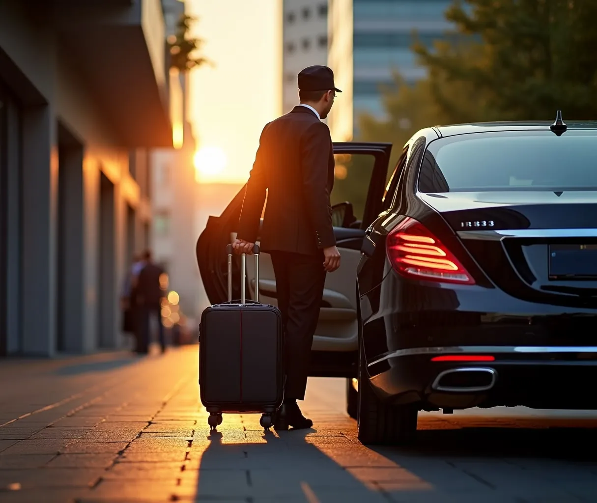 Chauffeur holding the rear door open beside a suitcase on a sunlit street