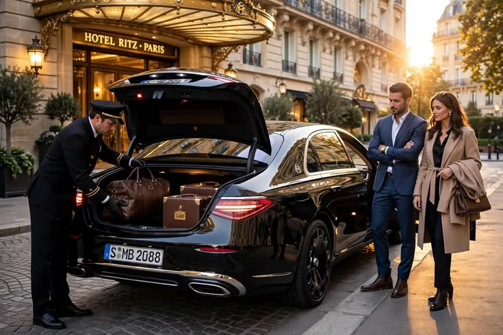 Chauffeur loading luggage into the boot of a black sedan while two passengers wait