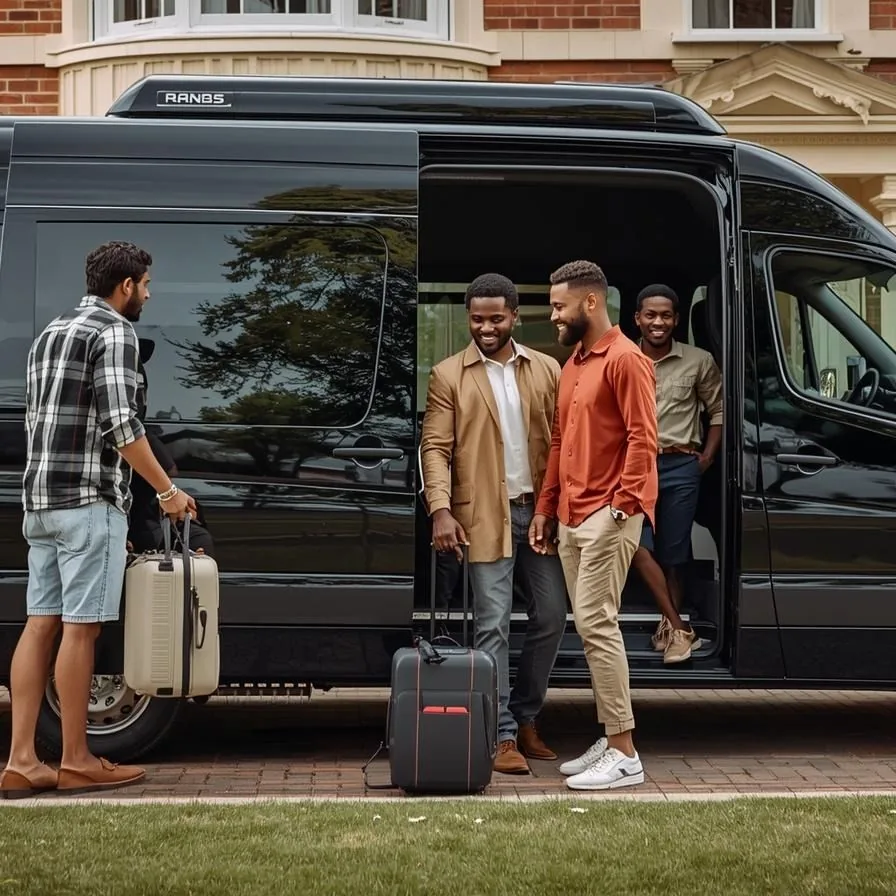 Group of friends with luggage beside an executive van